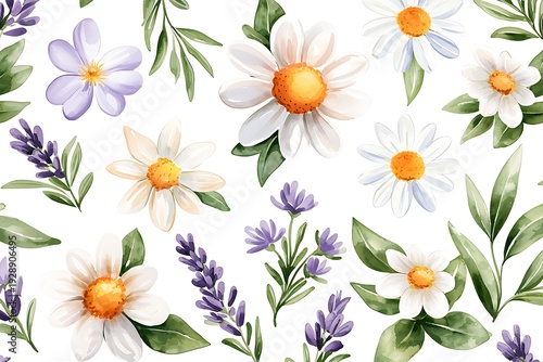 Beautiful Watercolor Floral Patterns with Daisies, Lavender, and Green Leaves Background