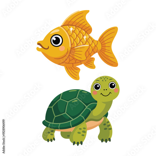 Goldfish and turtle icons for summer aquarium festival poster, children science camp branding, marine education session, pet show vector illustration