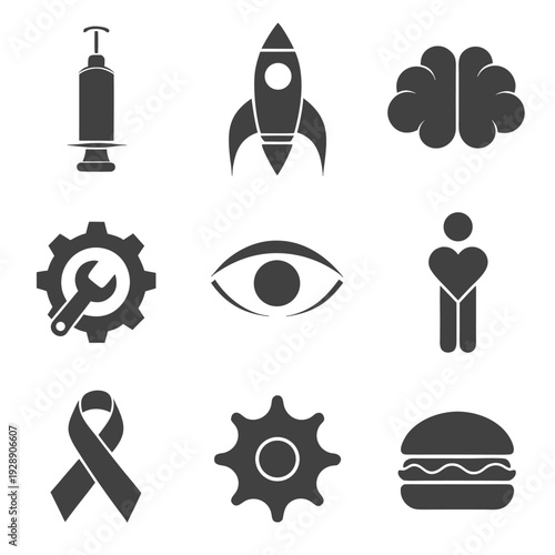 Nine black including syringe rocket brain wrench eye person ribbon gear burger