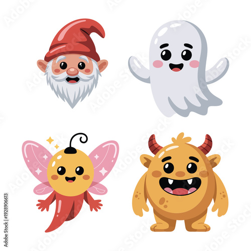 Fairy tale character icons with gnome, ghost, tiny fairy and playful monster for childrens book, costume party, fantasy illustration