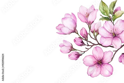 Delicate Pink Blossoms on Branch with Green Leaves Captured in Beautiful Watercolor Style