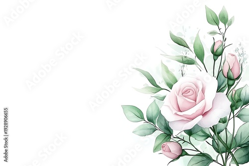 Elegant Soft Pink Roses with Green Leaves on a White Background for Floral Design