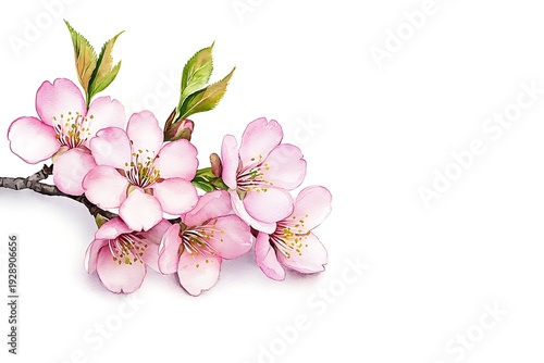 Beautiful Pink Cherry Blossom Branch Isolated on White Background with Fresh Green Leaves