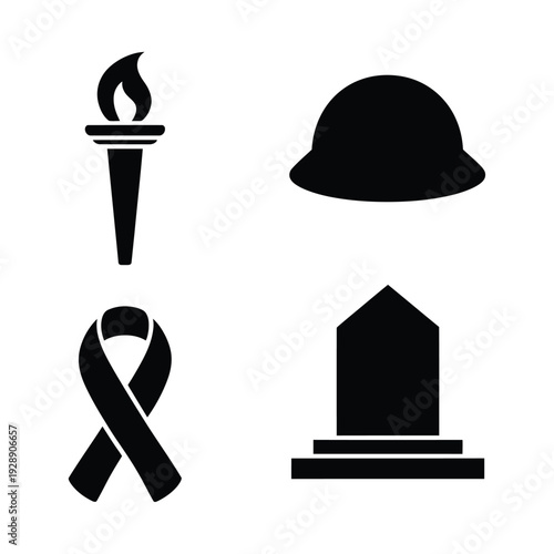Memorial silhouette set with torch, helmet, gravestone, black ribbon, vigil program header, candle lighting session, moment of silence circle