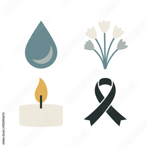 Tear drop, white flowers, candle and black ribbon, condolence service poster, guest book signing session, comfort station with tissues
