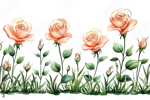 Beautiful Watercolor Pink Roses with Green Leaves and Buds on a White Background