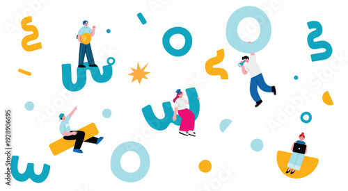 幾何学模様のポップで可愛い学生のチームワークイラスト