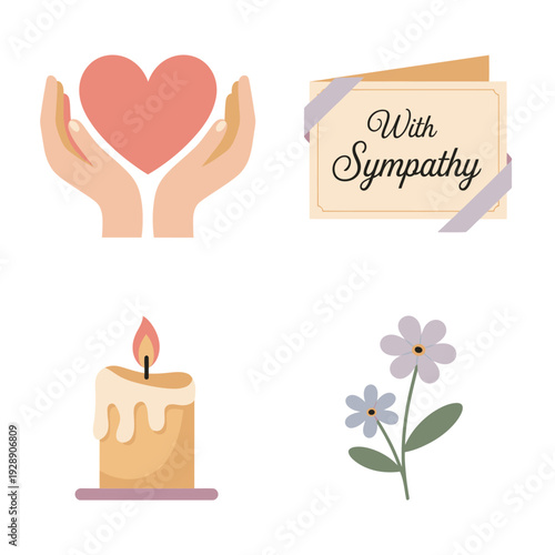 Hands holding heart, sympathy note, candle and flower icons, grief counseling flyer, healing circle session, remembrance poetry reading tonight