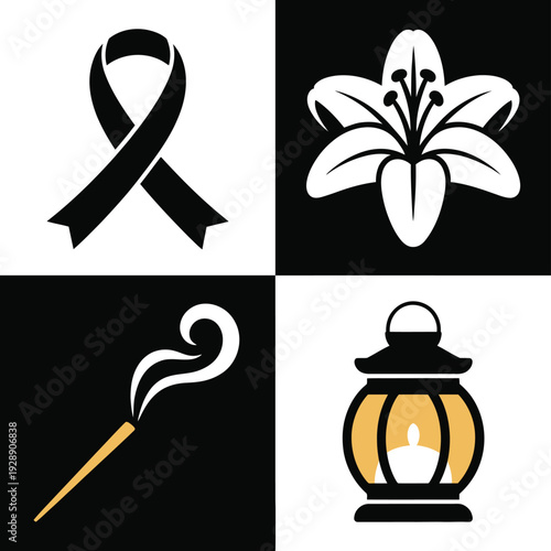 Black and white memorial icons, ribbon, lily, lantern and incense, program booklet cover, vigil session layout, respectful remembrance branding