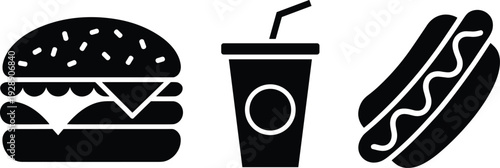 Fast food icons set, burger soda drink and hot dog silhouettes isolated on white background vector illustration