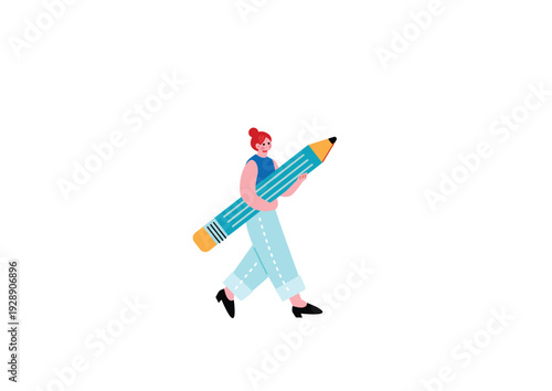 大きな鉛筆を抱えて歩くデザイナーの女性