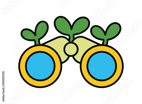 Cartoon illustration of a pair of yellow binoculars with blue lenses and green sprouts on top, symbolizing nature observation.