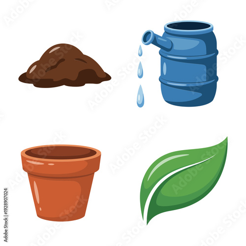 Garden pot and water barrel icons, soil pile, green leaf, eco gardening workshop poster, irrigation basics session, container planting demonstration