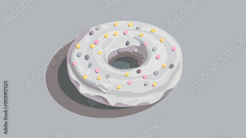 Sweet White Iced Donut with Colorful Pastel Sprinkles on Gray Background - Flat Vector Illustration