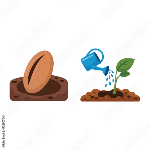 Germination stage icons, seed in soil with watering can, plant growth awareness poster, classroom science session, school garden project kickoff