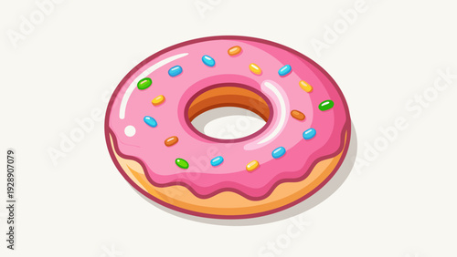 Vibrant Cartoon Donut with Pink Glaze and Colorful Sprinkles on White Background