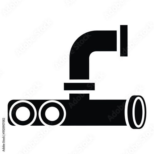 Blackandwhite icon of pipe with elbow and two circular ends icon