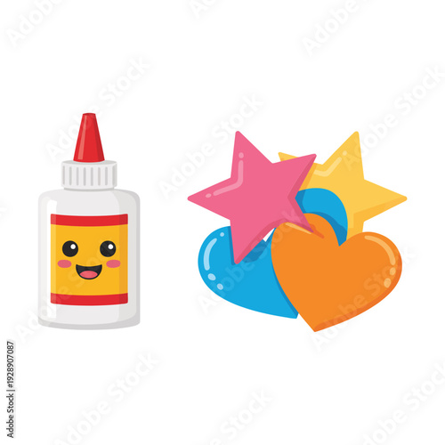 Kids craft glue with colorful foam shapes, art day poster, classroom creativity session, sticker station, handmade card workshop for families