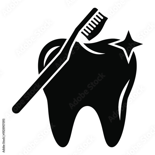Black tooth icon with toothbrush and sparkle on white background icon