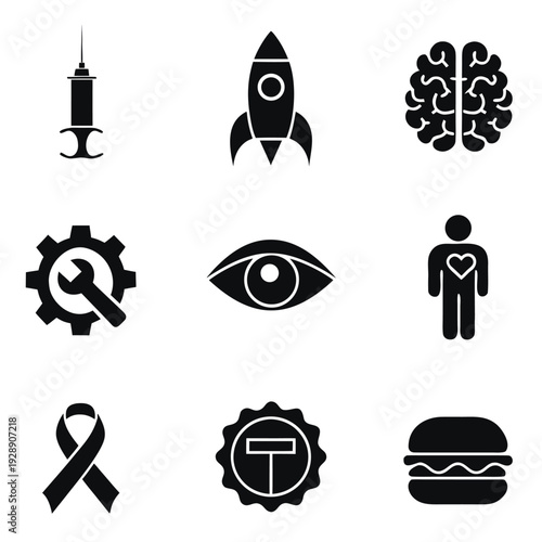 Set of nine black and white including rocket brain gear eye person ribbon badge syringe and burger