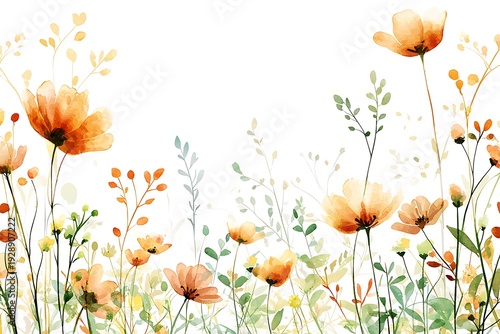 Bright and Cheerful Watercolor Flowers with Green Stems on a White Background