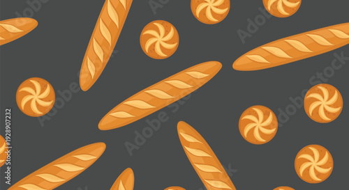Seamless pattern of baguettes and round bread rolls with diagonal cuts against a dark gray background, creating a warm and artisanal vibe.