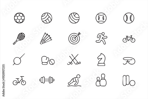 Athletic games line icons featuring training and recreational activities