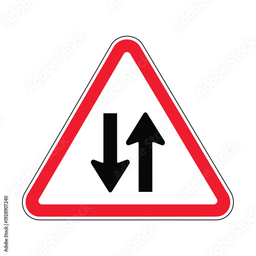 Free Download White triangular road sign with a red border indicating two-way traffic with one black arrow pointing up and another pointing down. - GFXLoad