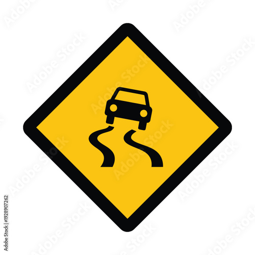 Yellow diamond warning sign with a black car skidding on a winding road, indicating slippery conditions ahead.