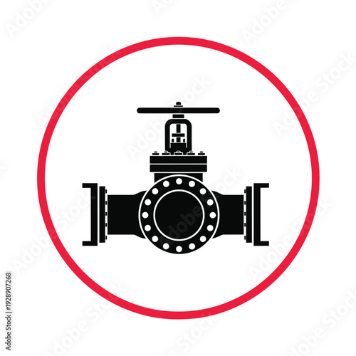 Black industrial gate valve with flanges, centered within a bold red circular border on a clean white background, symbolizing control and flow.