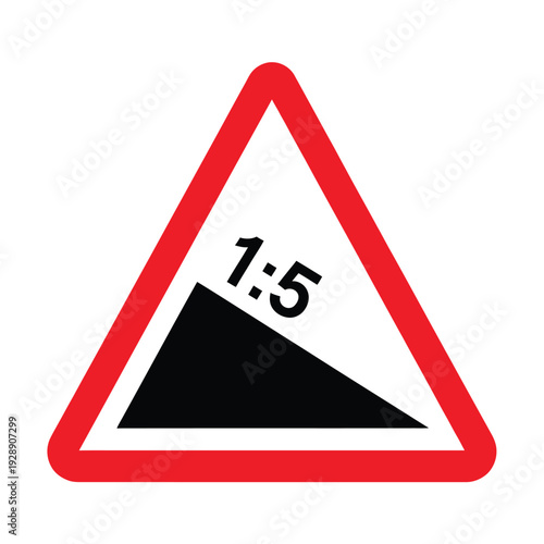 Warning sign indicating a steep downhill gradient of 1:5, commonly seen on roads to alert drivers of a significant decline.