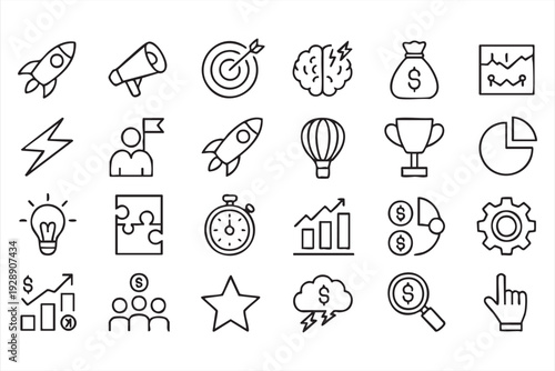 Modern startup outline icons featuring finance, targets, and performance charts