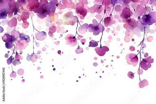 Vibrant Purple and Pink Watercolor Floral Background with Delicate Blossoms and Droplets