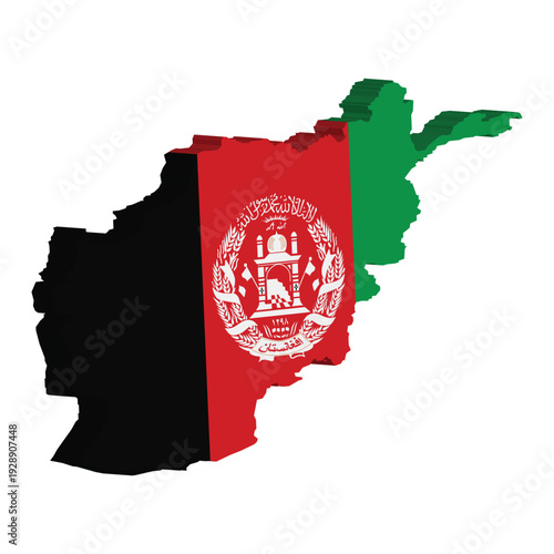 A 3D map outline of Afghanistan colored with the national flag. Features the country's emblem on the red section. Useful for travel, geography, and national pride themes.
