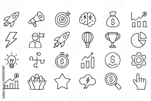 Minimal business startup line icons for strategy, marketing, and finance visuals