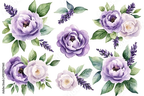 Beautiful watercolor floral arrangement with purple peonies and lavender elements
