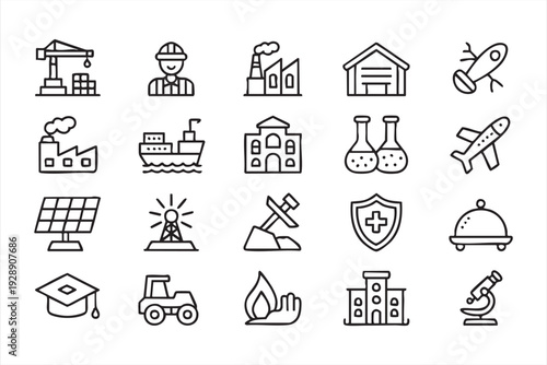 Industry manufacturing outline icon set for factory and engineering design