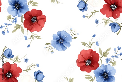 Beautiful floral pattern with red and blue flowers on a white background for elegant design