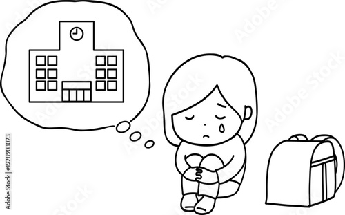 登校が不安な女の子の線画イラスト