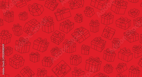 Red background featuring a festive pattern of various outlined gift boxes tied with bows. The repeated design conveys a cheerful, holiday spirit.