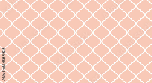 Peach-colored background with a white, interlocking Moroccan trellis pattern. The design is symmetrical and elegant, creating a calming, decorative effect.