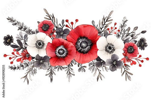 Elegant Floral Arrangement with Red and White Poppies and Greenery for Design Projects