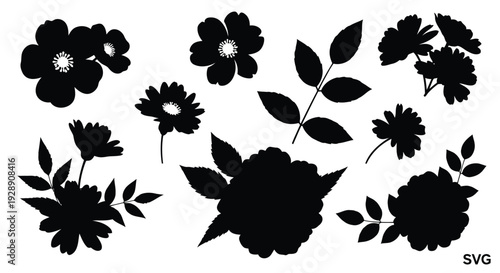 A collection of black and white floral illustrations featuring various types of flowers and leaves.