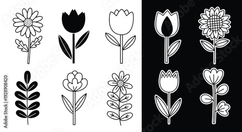 A collection of black and white illustrations of various flowers and leaves