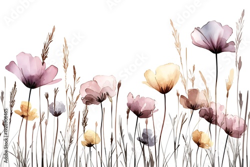 Delicate Watercolor Flowers in Soft Tones Against a Bright Background