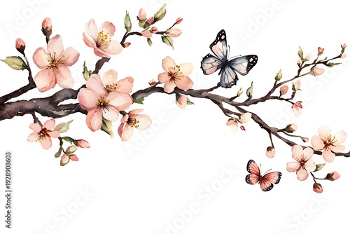 Delicate Cherry Blossom Branch with Butterflies in Soft Watercolor Art Design