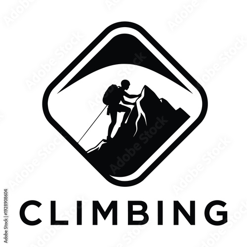 Climbing logo with silhouette of a climber on a mountain peak icon graphic icon