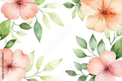 Delicate Floral Border with Soft Pink Flowers and Elegant Green Leaves on Bright Background