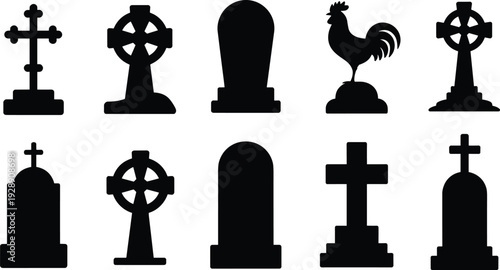 Gravestone silhouette collection with cross and monument designs, cemetery tombstone vector illustration isolated on white background memorial symbol set