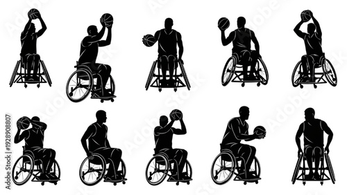Illustrated Silhouettes of Wheelchair Basketball Athletes in Dynamic Poses